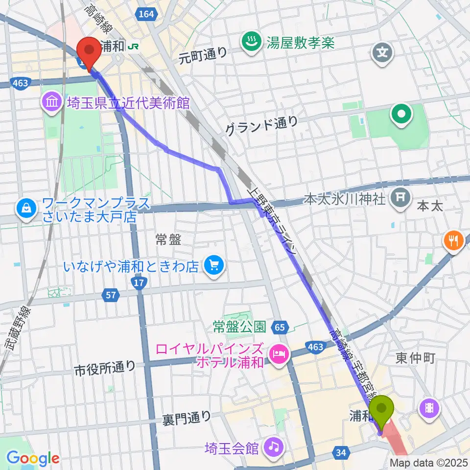浦和駅から北浦和エアーズへのルートマップ地図