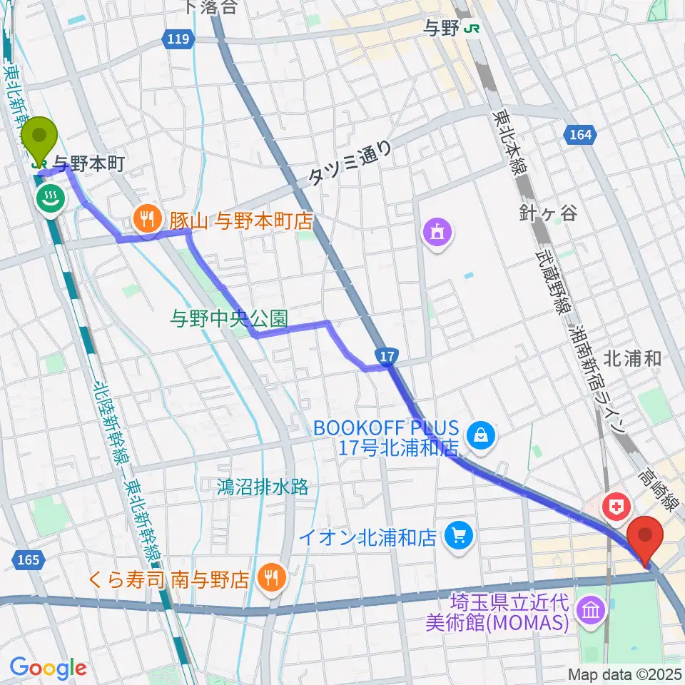 与野本町駅から北浦和エアーズへのルートマップ地図