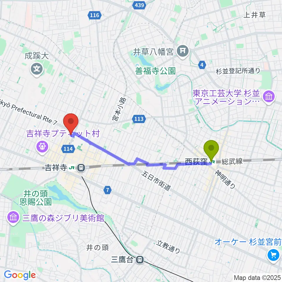 西荻窪駅からピアノスタジオノア 吉祥寺店へのルートマップ地図