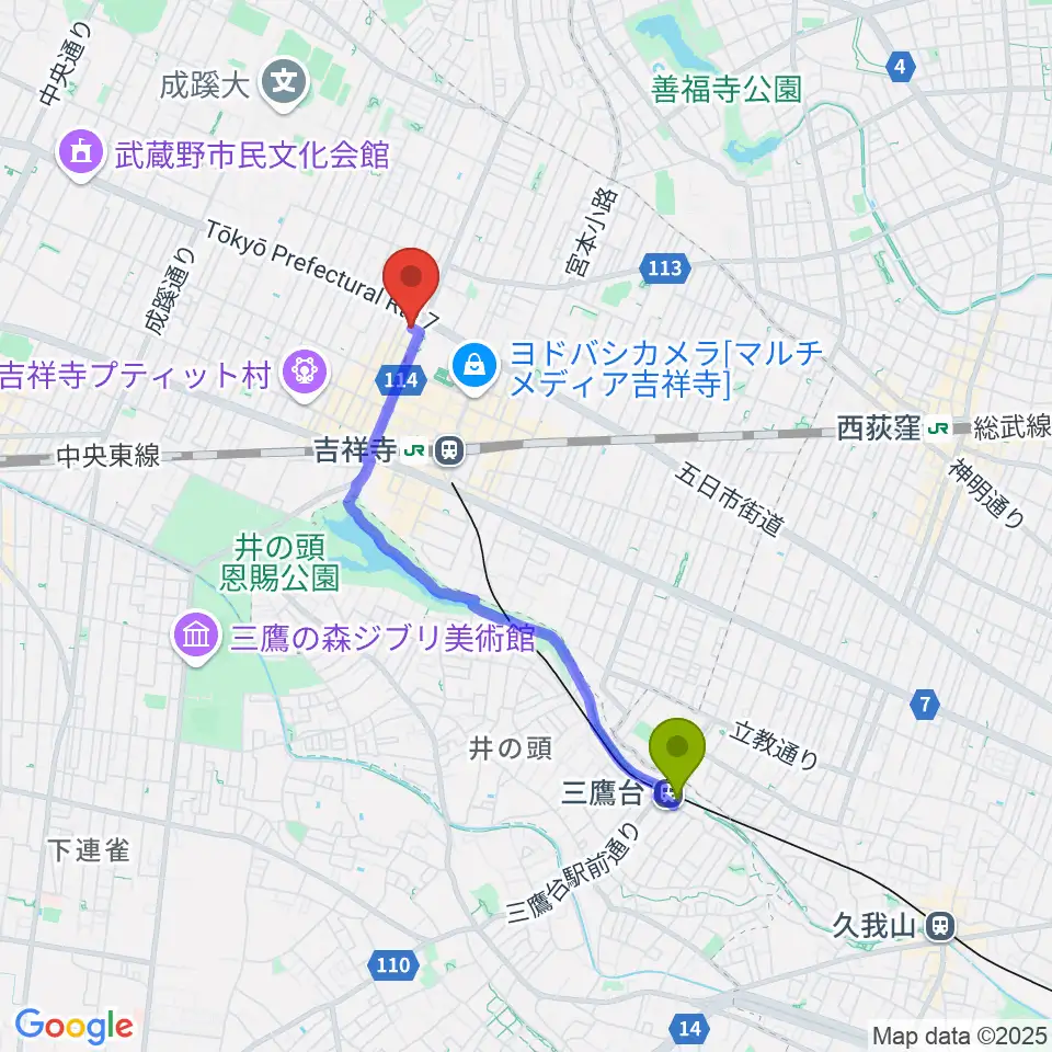 三鷹台駅からピアノスタジオノア 吉祥寺店へのルートマップ地図