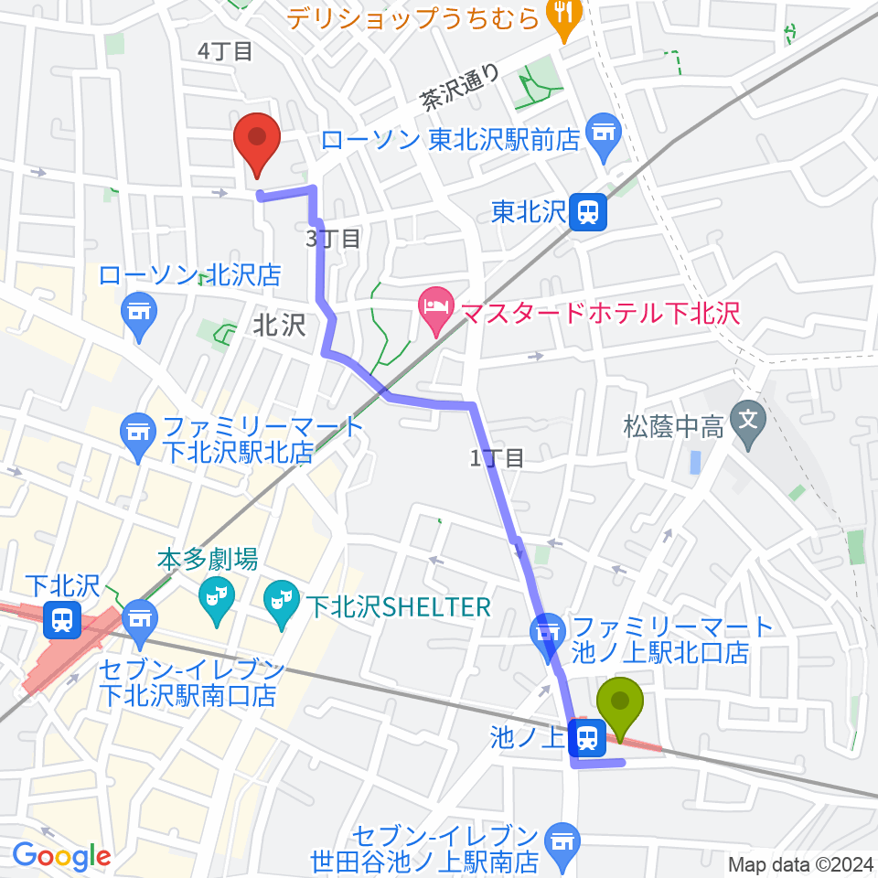 池ノ上駅から下北沢ハーフムーンホールへのルートマップ地図