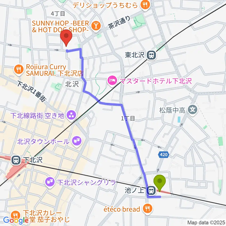 池ノ上駅から下北沢ハーフムーンホールへのルートマップ地図