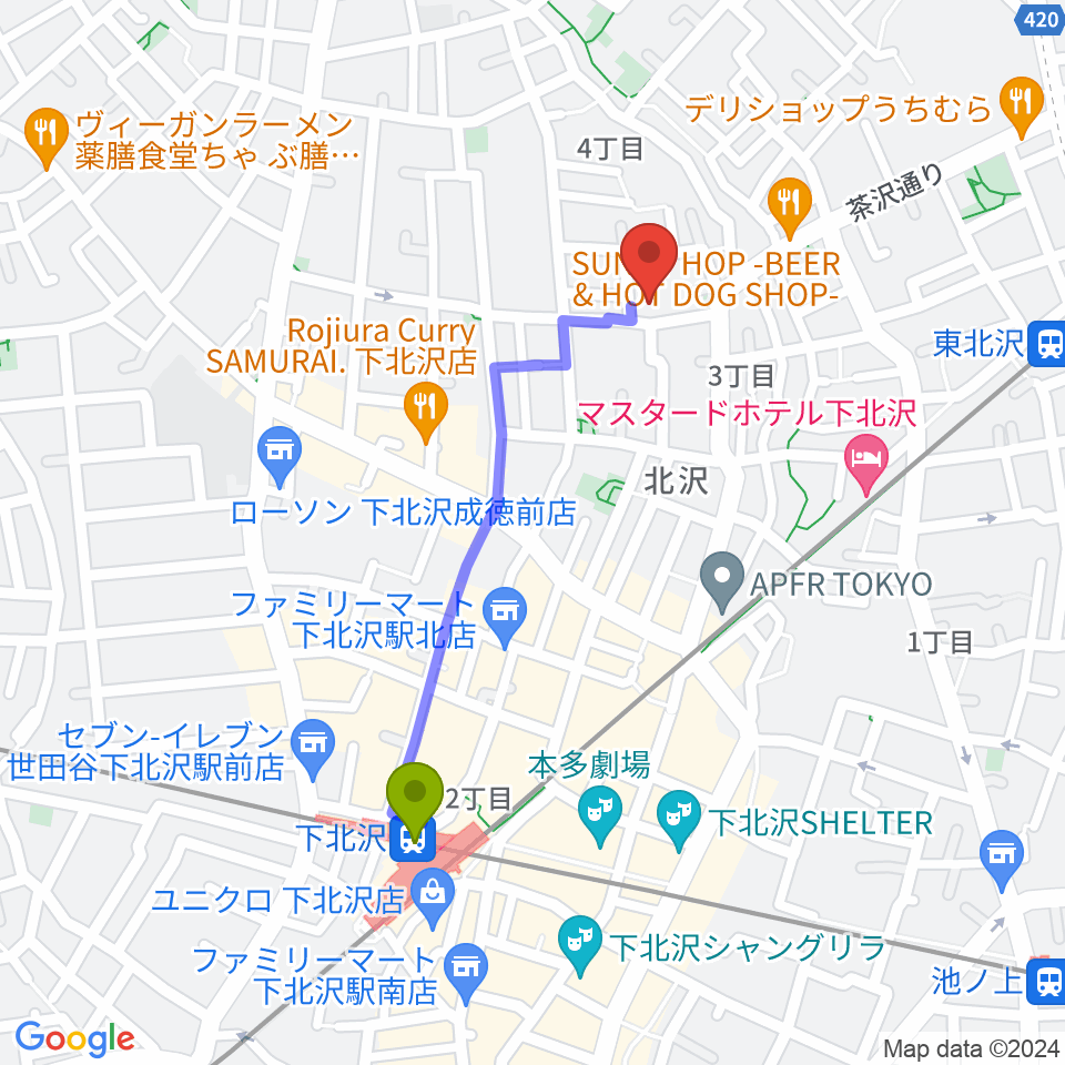 下北沢駅から下北沢ハーフムーンホールへのルートマップ地図