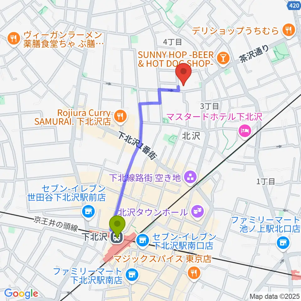 下北沢駅から下北沢ハーフムーンホールへのルートマップ地図