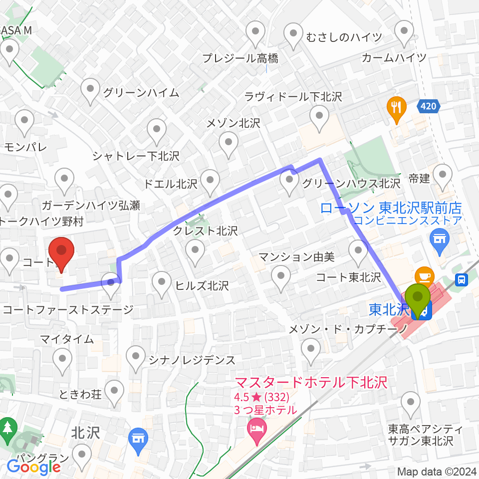 下北沢ハーフムーンホールの最寄駅東北沢駅からの徒歩ルート（約6分）地図