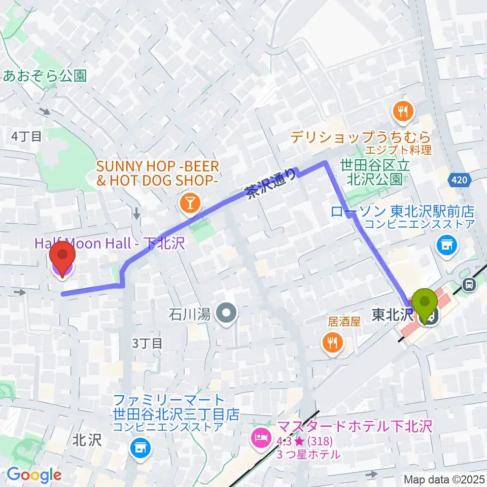 下北沢ハーフムーンホールの最寄駅東北沢駅からの徒歩ルート（約6分）地図