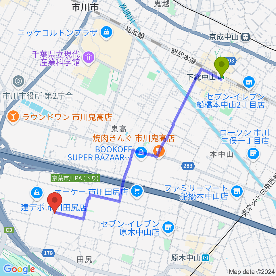 下総中山駅からアートスペースBASACへのルートマップ地図