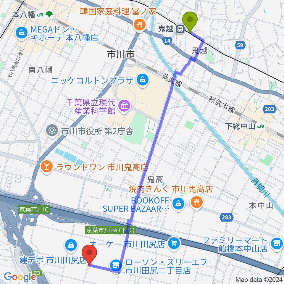 鬼越駅からアートスペースBASACへのルートマップ地図