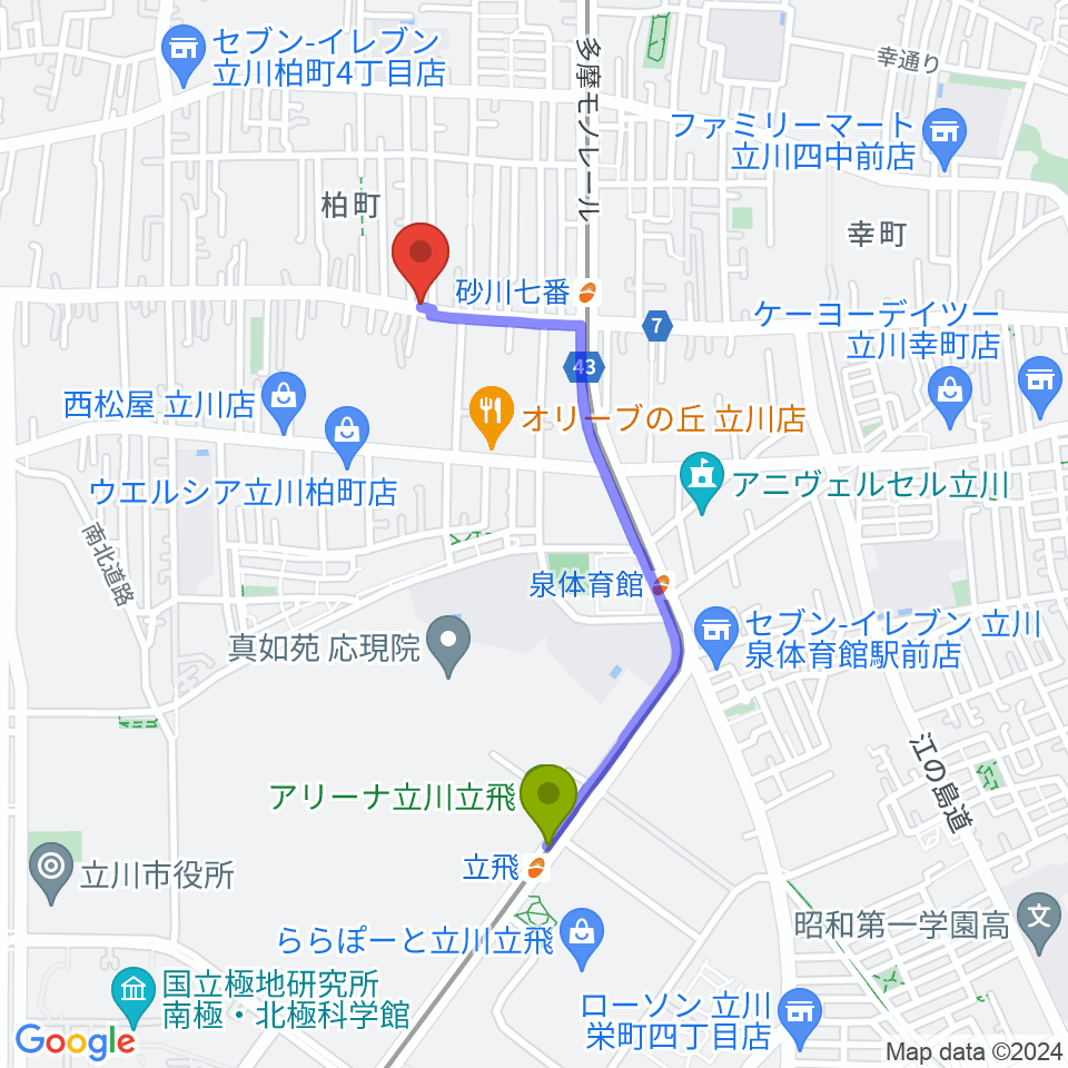 立飛駅からSTUDIO YHへのルートマップ地図