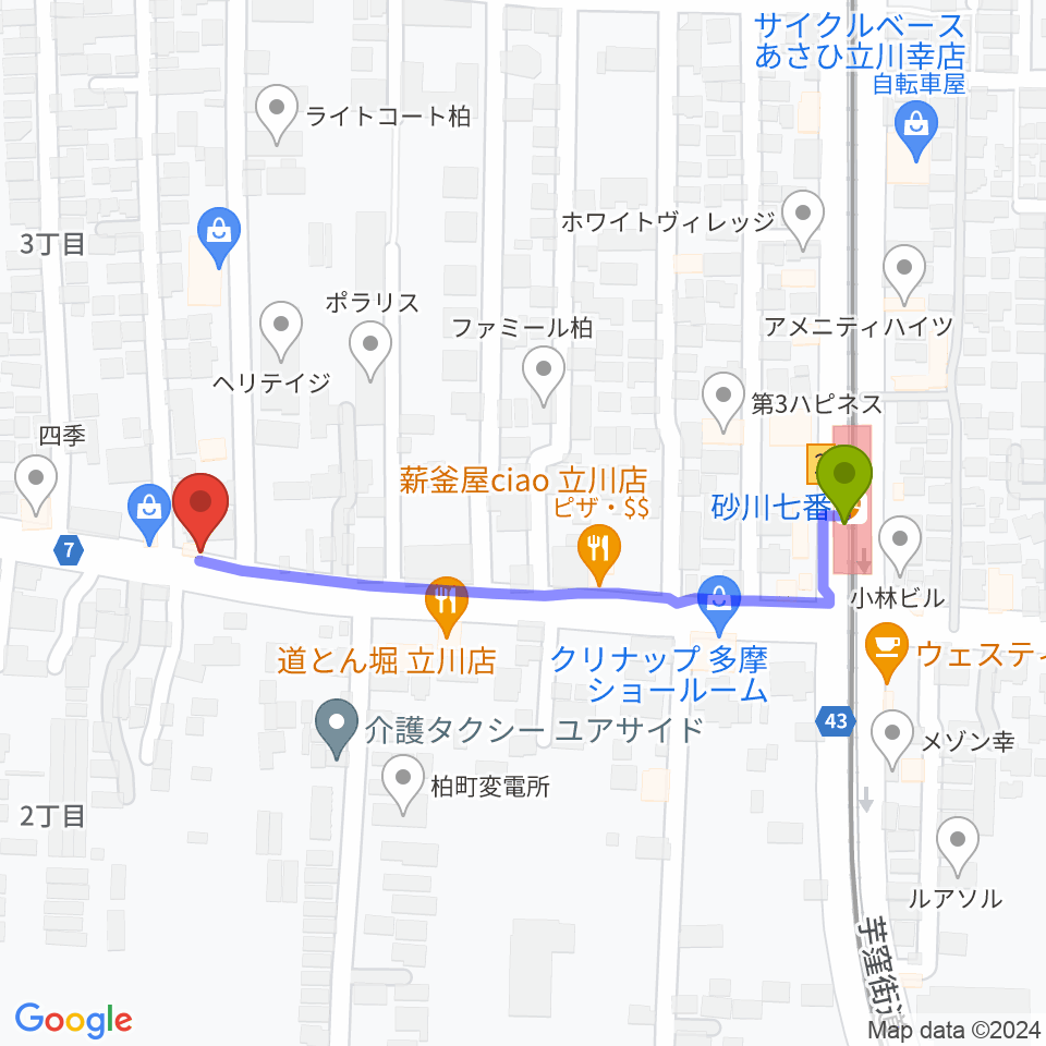 STUDIO YHの最寄駅砂川七番駅からの徒歩ルート（約5分）地図