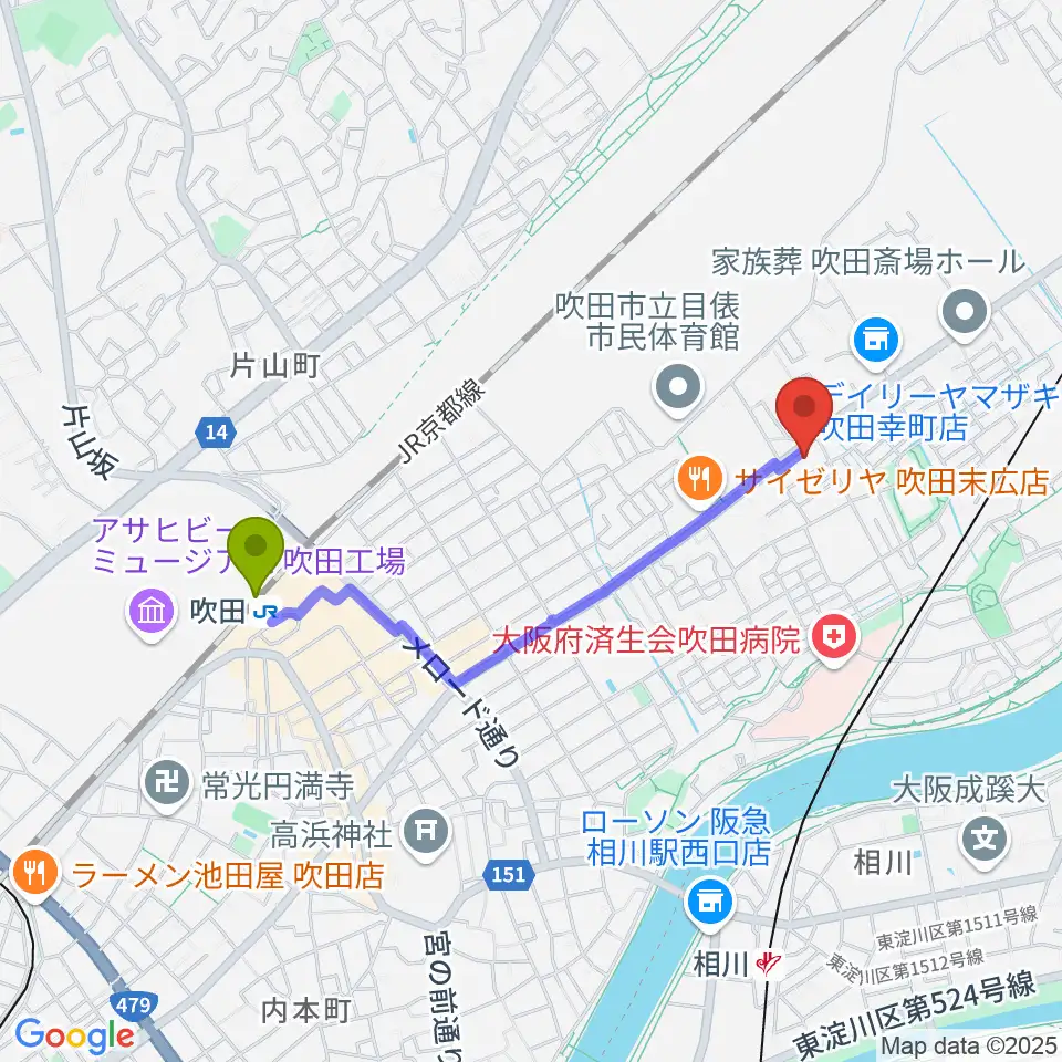 吹田駅からうたまくらピアノ工房へのルートマップ地図