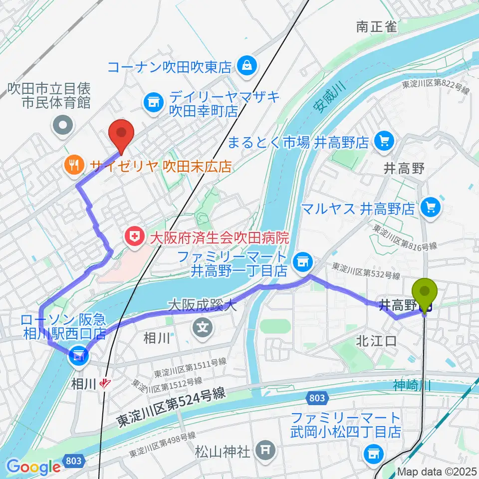 井高野駅からうたまくらピアノ工房へのルートマップ地図