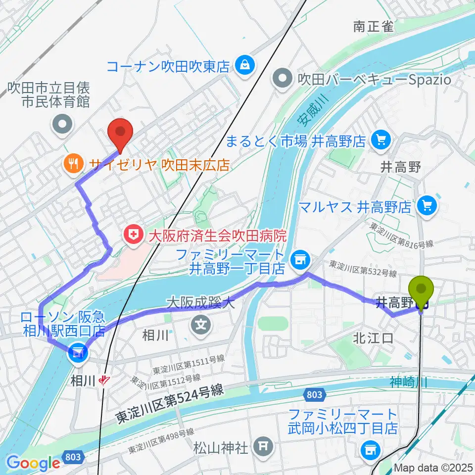 井高野駅からうたまくらピアノ工房へのルートマップ地図
