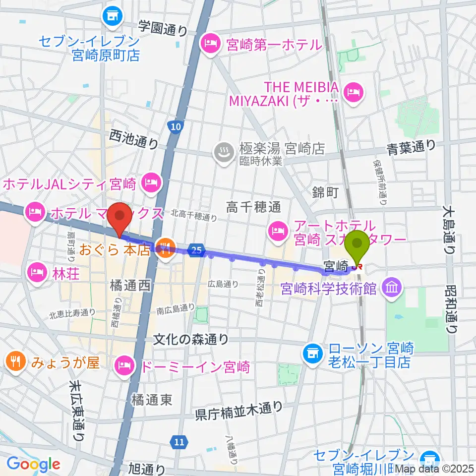 カワイ宮崎ショップの最寄駅宮崎駅からの徒歩ルート（約16分）地図