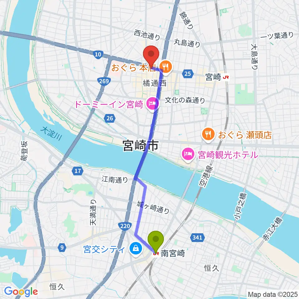 南宮崎駅からカワイ宮崎ショップへのルートマップ地図