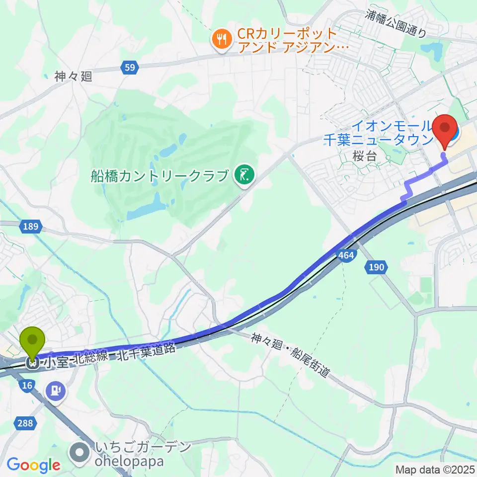 小室駅から島村楽器 イオンモール千葉ニュータウン店へのルートマップ地図