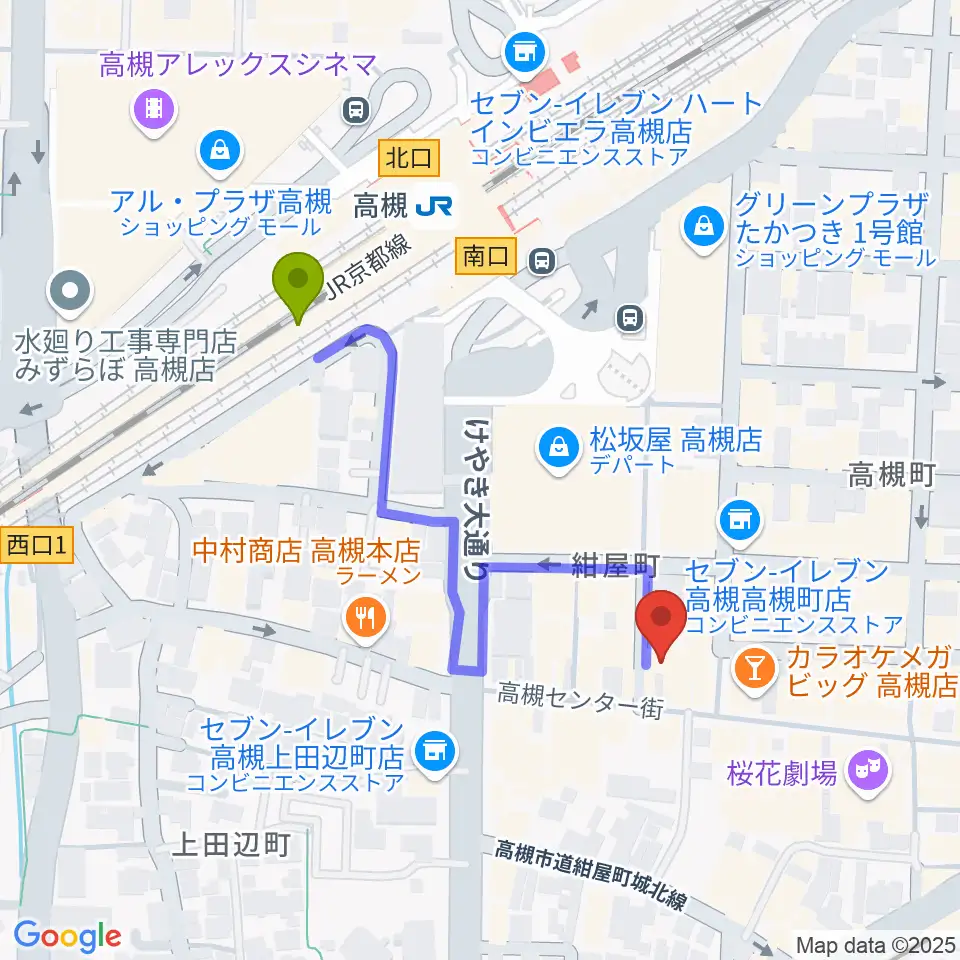 JEUGIA 高槻店の最寄駅高槻駅からの徒歩ルート（約4分）地図