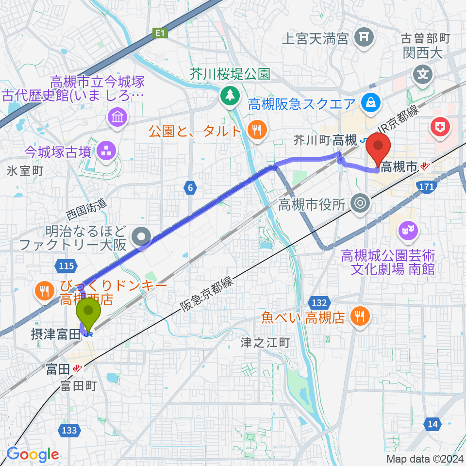 摂津富田駅からJEUGIA 高槻店へのルートマップ地図