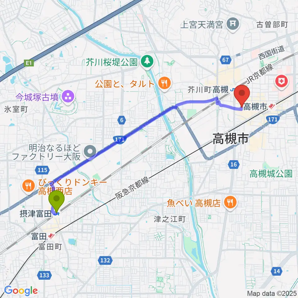 摂津富田駅からJEUGIA 高槻店へのルートマップ地図