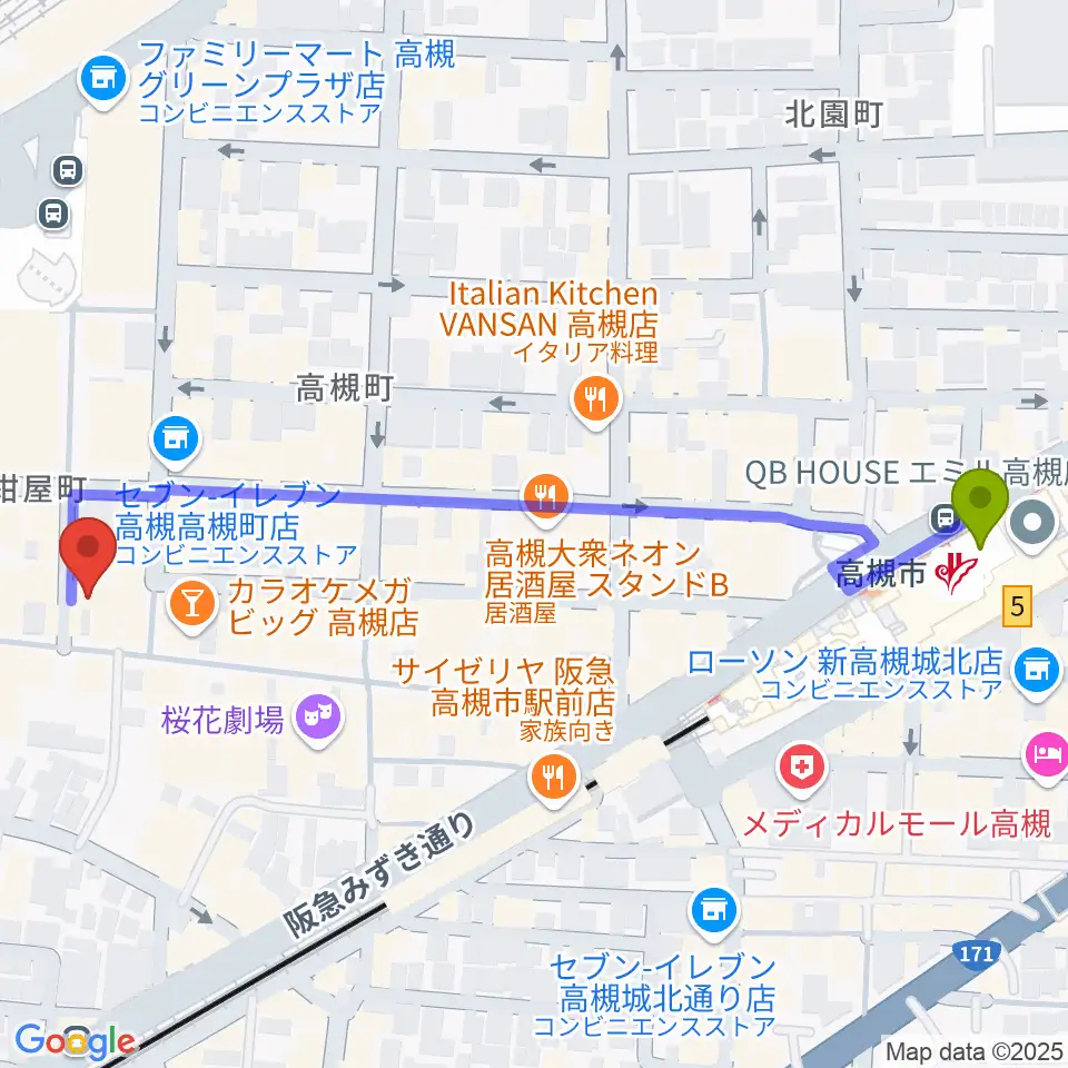 高槻市駅からJEUGIA 高槻店へのルートマップ地図