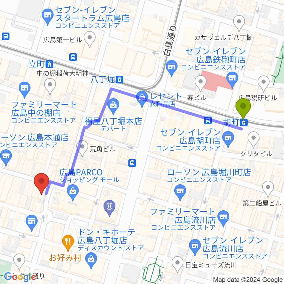胡町駅から遠藤管楽器店へのルートマップ地図