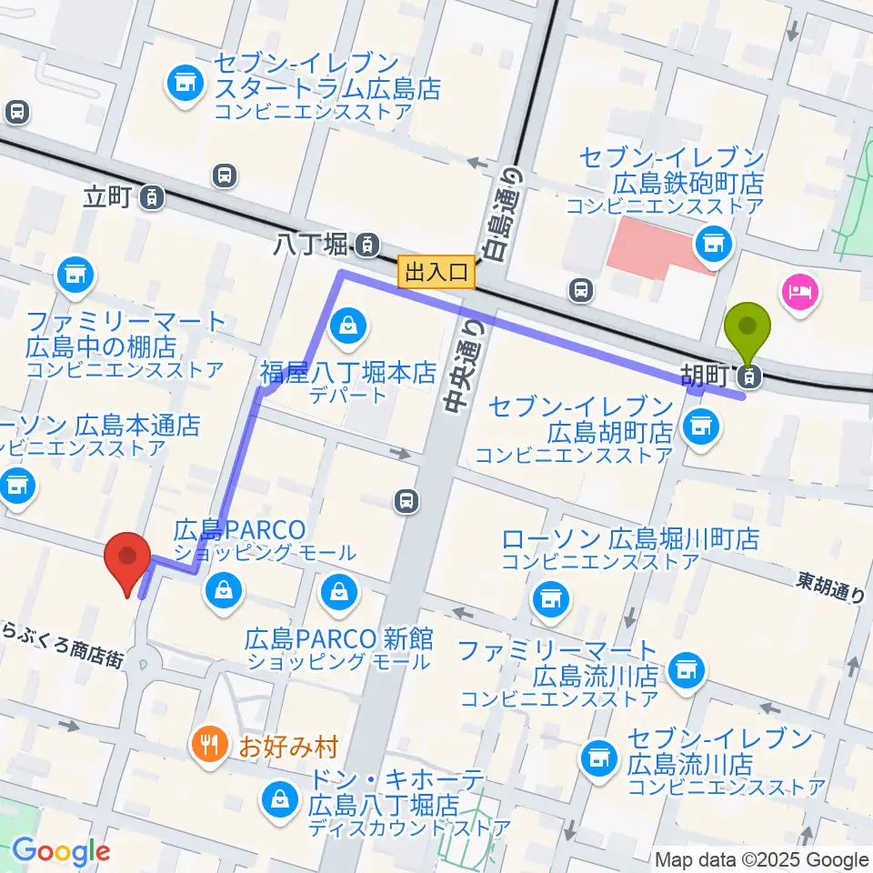 胡町駅から遠藤管楽器店へのルートマップ地図
