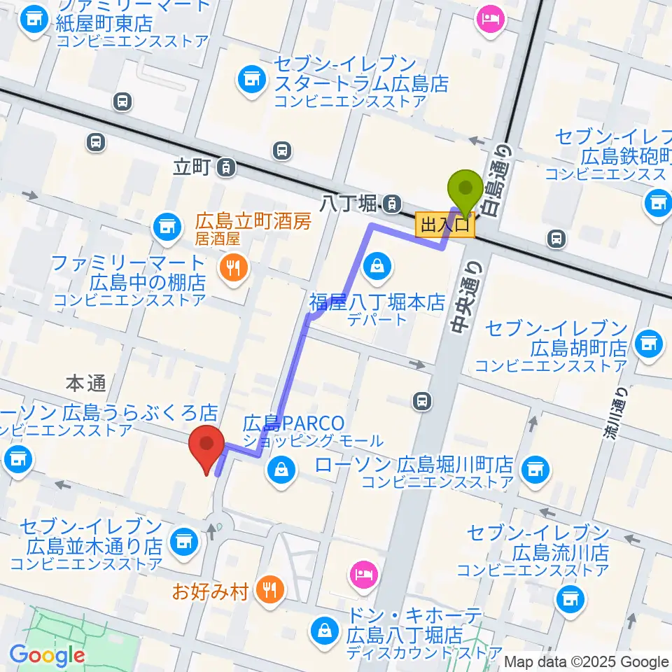遠藤管楽器店の最寄駅八丁堀駅からの徒歩ルート（約4分）地図
