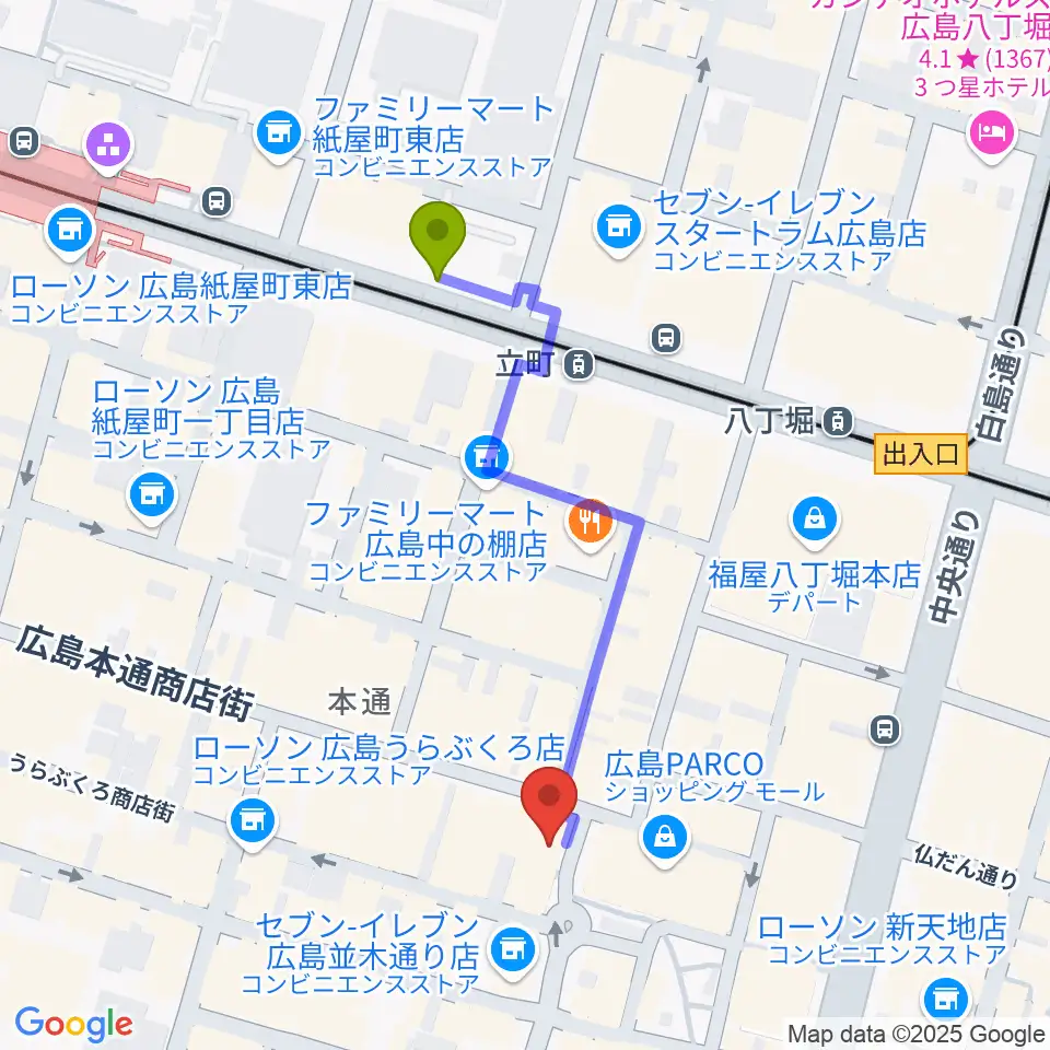 立町駅から遠藤管楽器店へのルートマップ地図