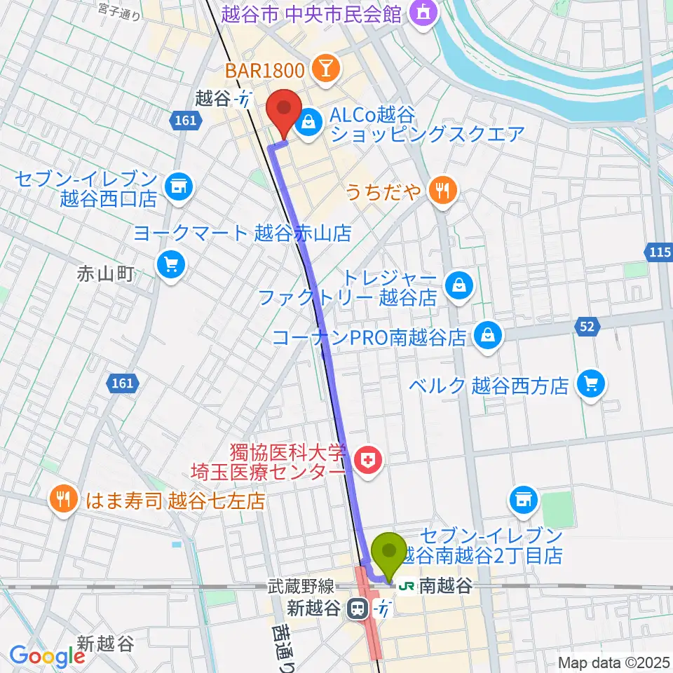 南越谷駅から越谷イージーゴーイングスへのルートマップ地図