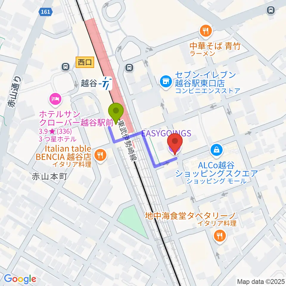 越谷イージーゴーイングスの最寄駅越谷駅からの徒歩ルート（約2分）地図