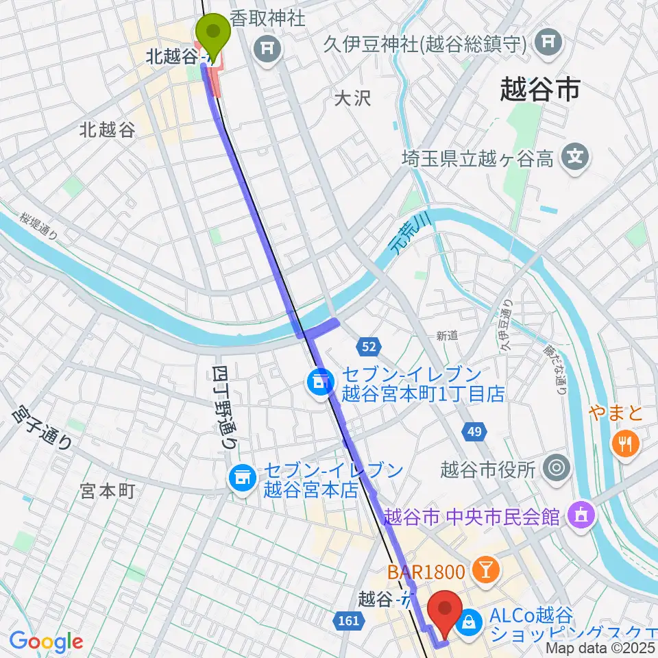 北越谷駅から越谷イージーゴーイングスへのルートマップ地図