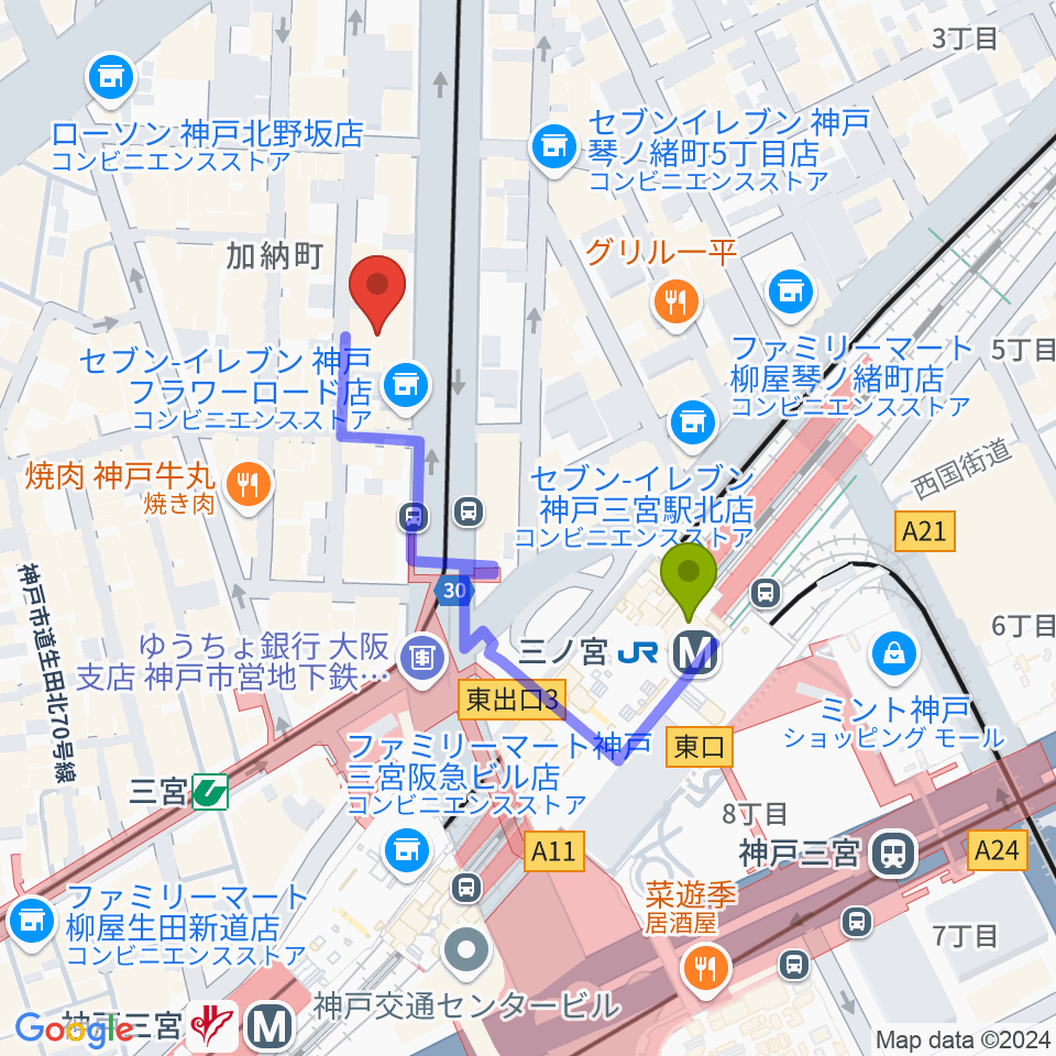 ヤマハミュージック 神戸店の最寄駅三ノ宮駅からの徒歩ルート（約3分）地図