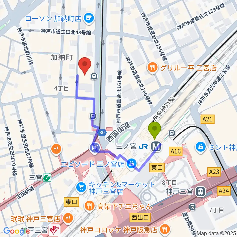 ヤマハミュージック 神戸店の最寄駅三ノ宮駅からの徒歩ルート（約3分）地図