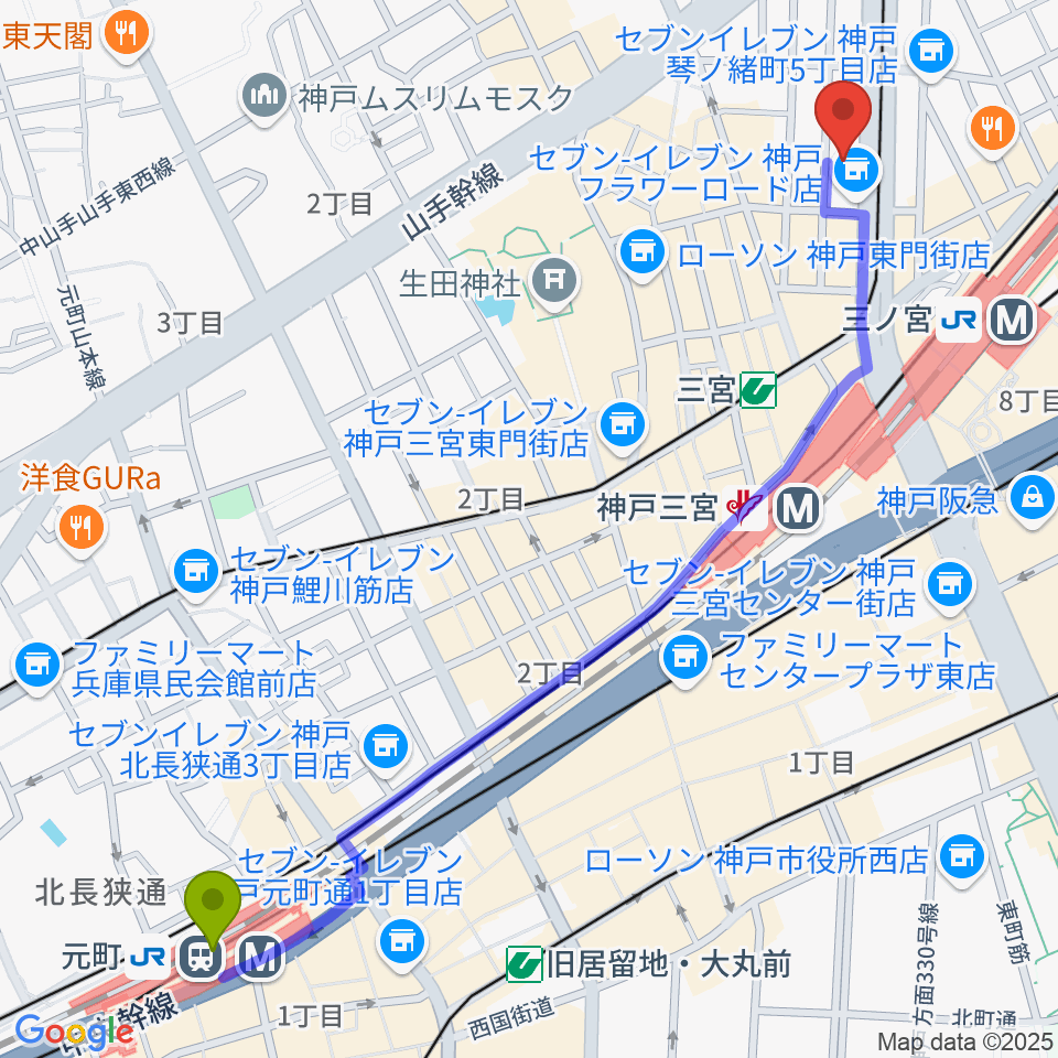 元町駅からヤマハミュージック 神戸店へのルートマップ地図