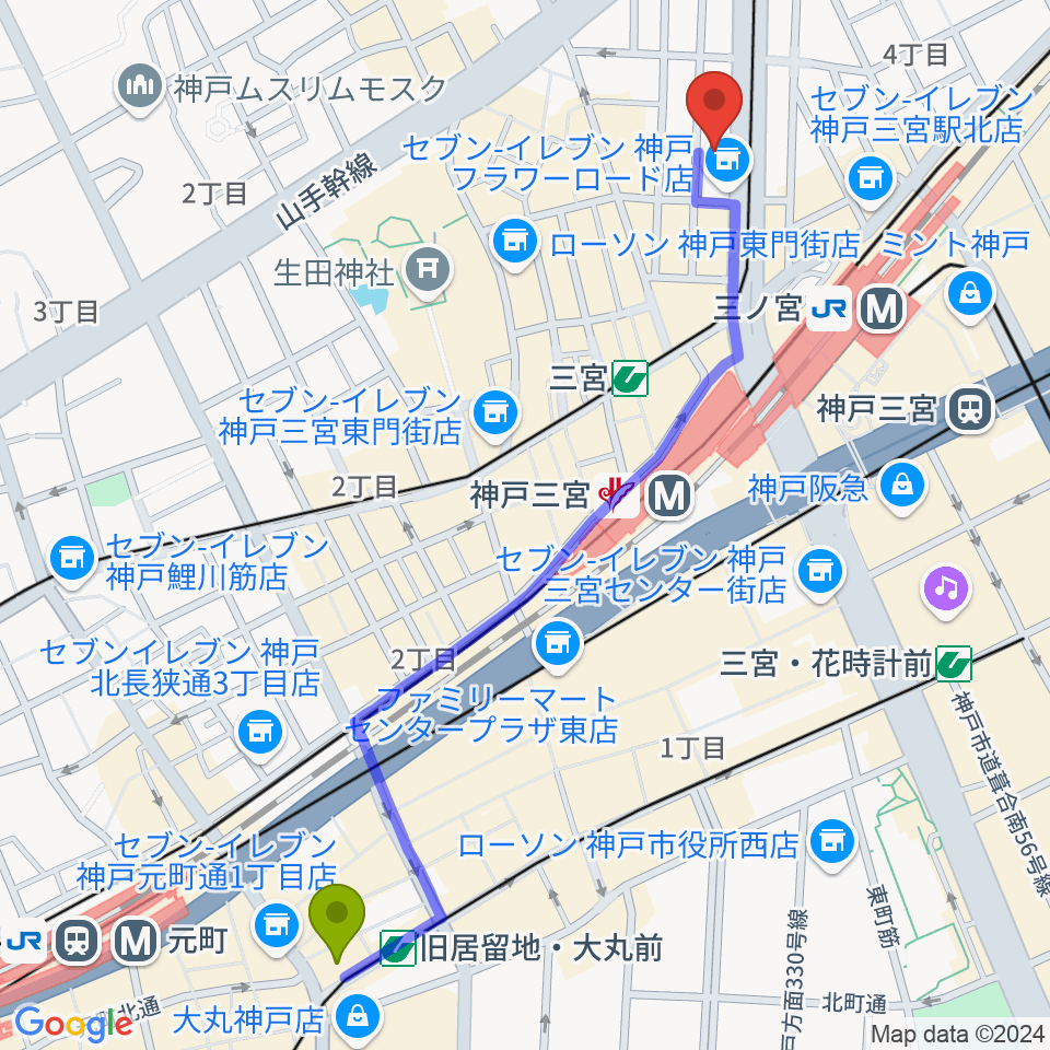 旧居留地・大丸前駅からヤマハミュージック 神戸店へのルートマップ地図