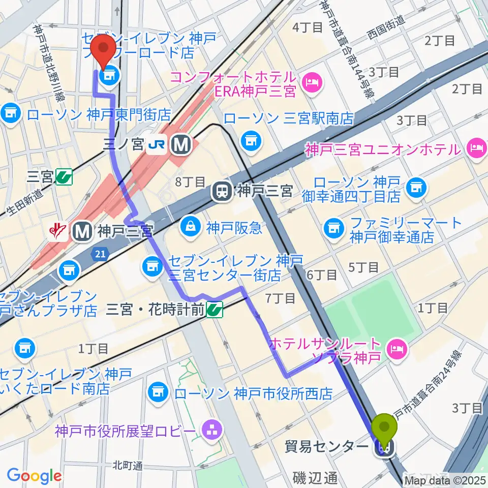 貿易センター駅からヤマハミュージック 神戸店へのルートマップ地図