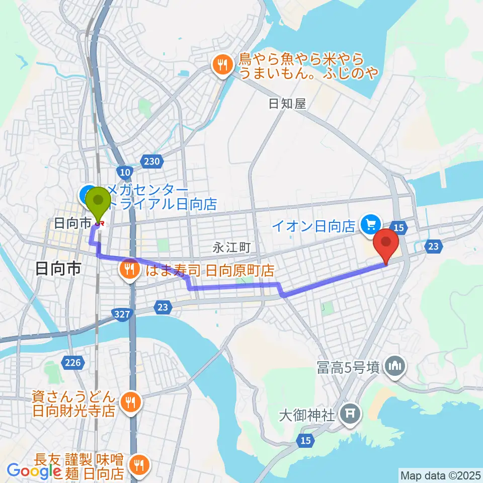 ヴァレンタインカンパニーの最寄駅日向市駅からの徒歩ルート（約39分）地図