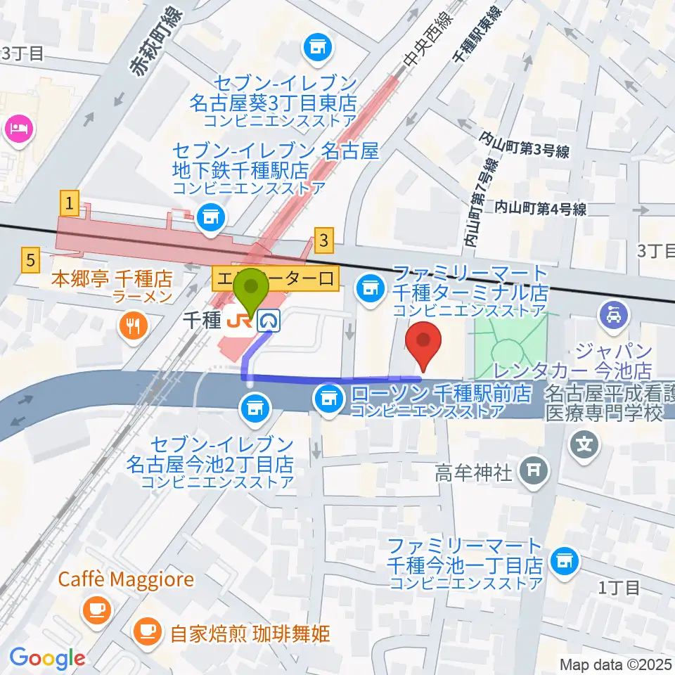 中善楽器ブレーメンの最寄駅千種駅からの徒歩ルート（約2分）地図