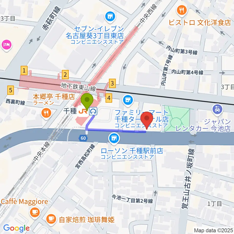 中善楽器ブレーメンの最寄駅千種駅からの徒歩ルート（約2分）地図