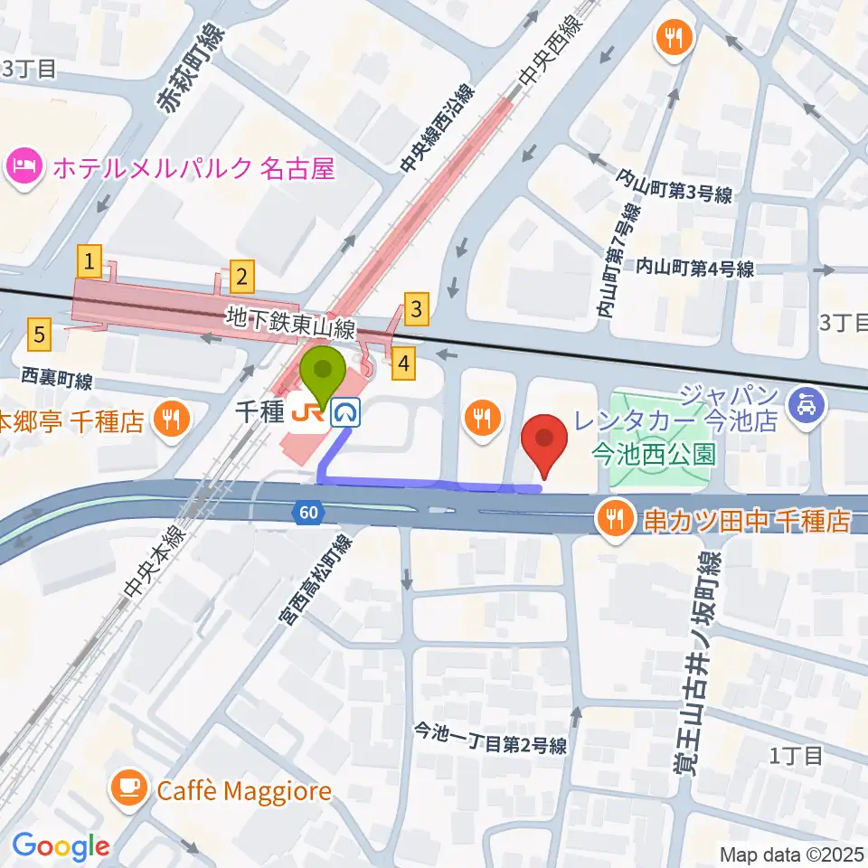 中善楽器ブレーメンの最寄駅千種駅からの徒歩ルート（約2分）地図