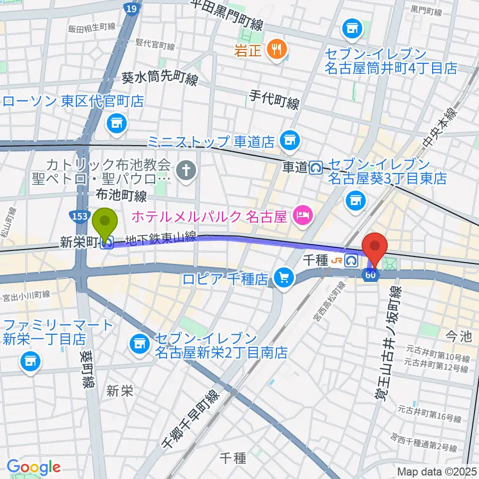 新栄町駅から中善楽器ブレーメンへのルートマップ地図