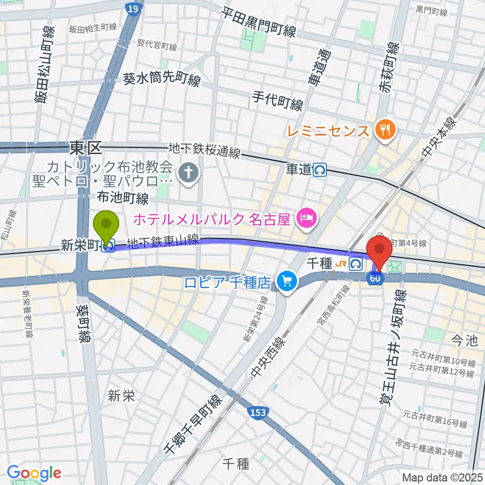 新栄町駅から中善楽器ブレーメンへのルートマップ地図