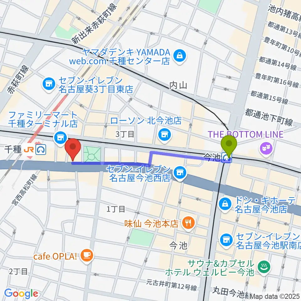 今池駅から中善楽器ブレーメンへのルートマップ地図