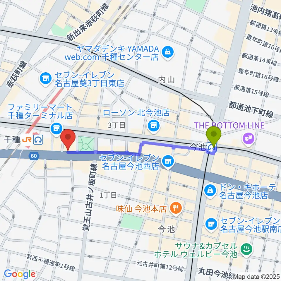 今池駅から中善楽器ブレーメンへのルートマップ地図
