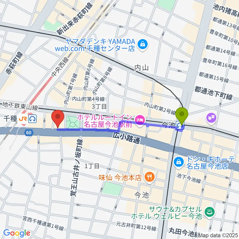 今池駅から中善楽器ブレーメンへのルートマップ地図