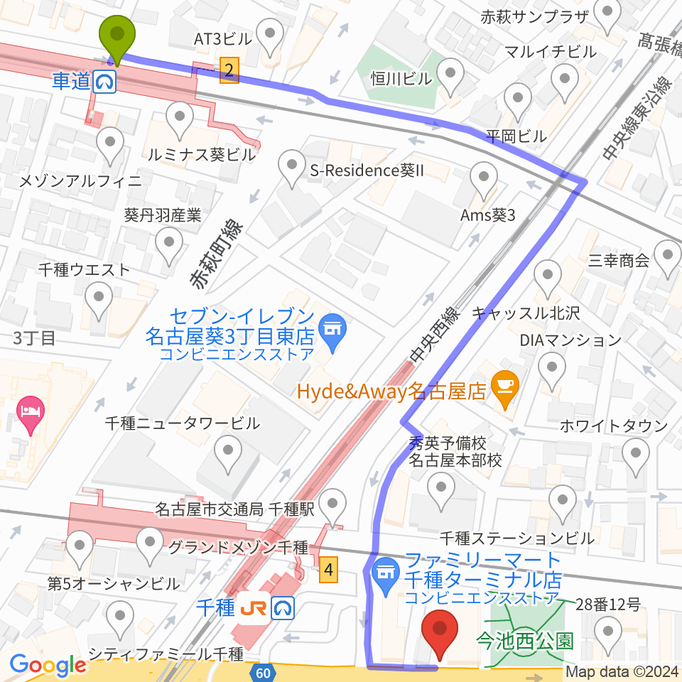車道駅から中善楽器ブレーメンへのルートマップ地図