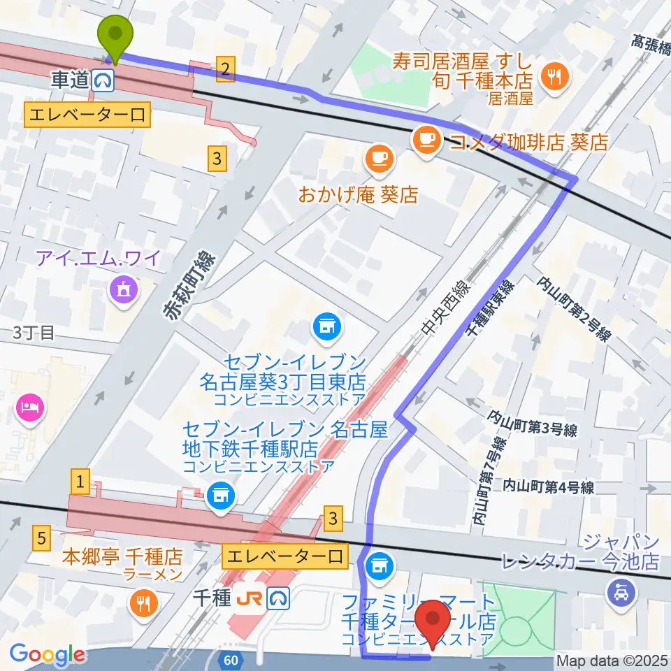 車道駅から中善楽器ブレーメンへのルートマップ地図