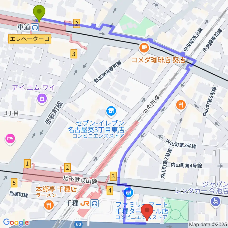 車道駅から中善楽器ブレーメンへのルートマップ地図