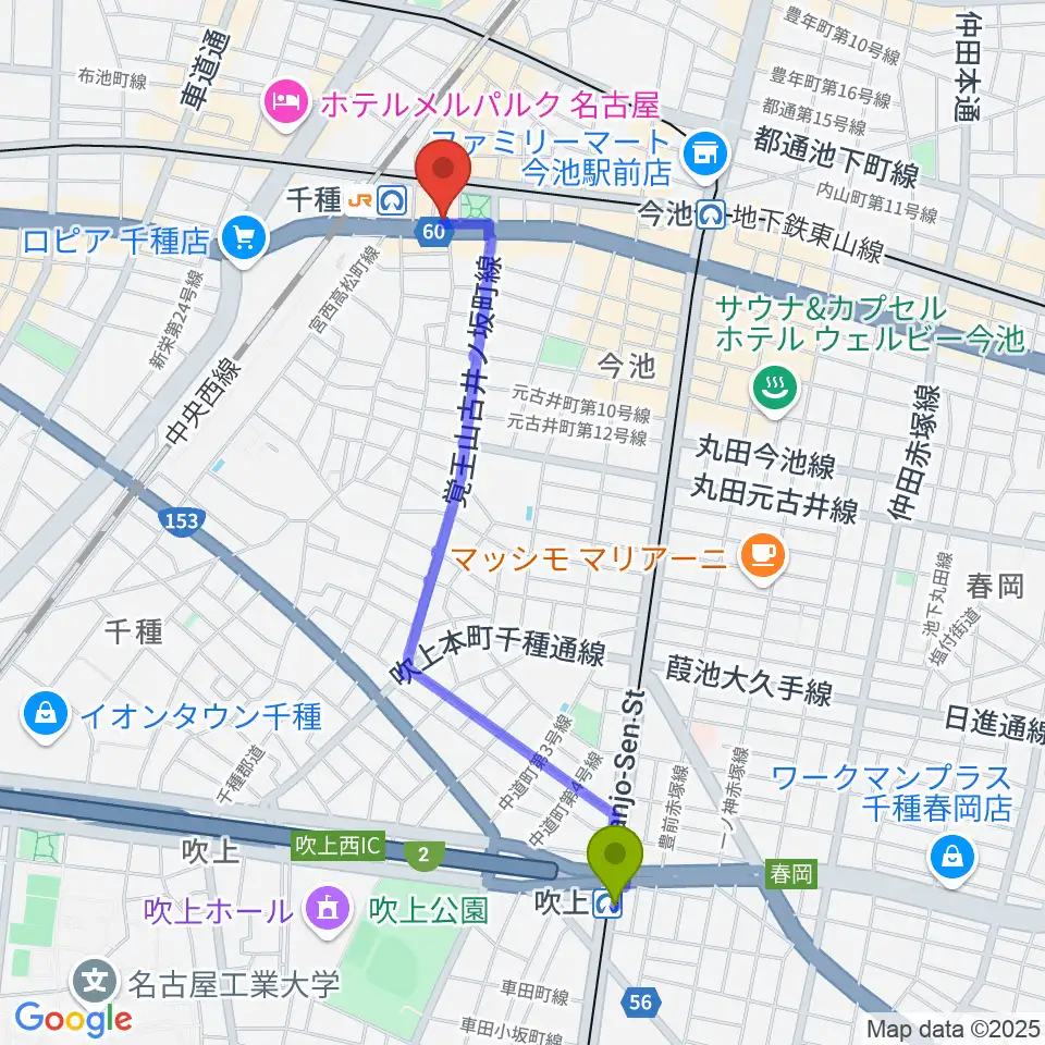 吹上駅から中善楽器ブレーメンへのルートマップ地図