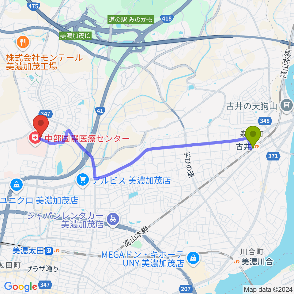 古井駅からAncestors Ukuleleへのルートマップ地図